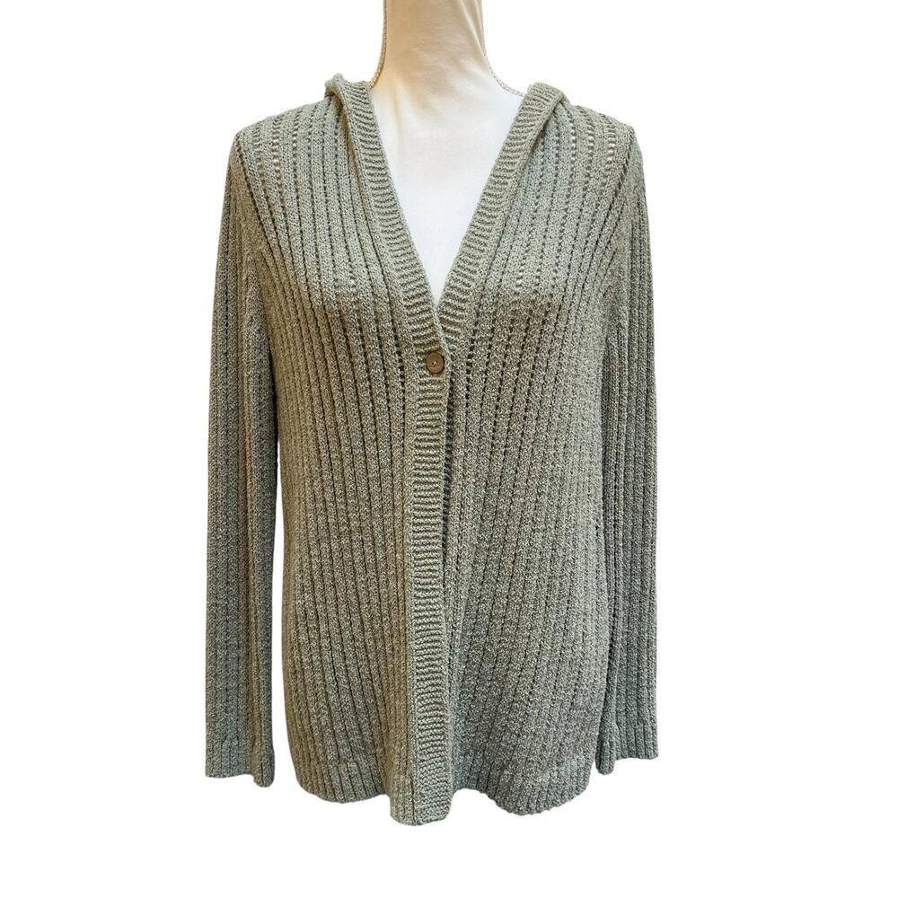 J.Jill Hooded Cardigan Sweater Women’s Medium Sage Green Open Knit Button Front